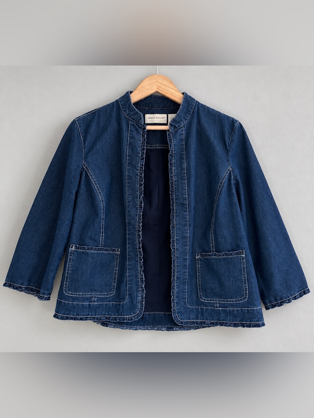 Alfred Dunner Petite 10P Denim Jacket Ruffle Trim Stretch Jean Blazer Dark Wash